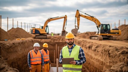 Poster - Workers collaborate around an excavation site with heavy machinery in the background digging deep foundations for the substation illustrating the dynamic environment of