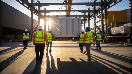 Aufkleber - Workers in hard hats and safety vests collaborating as they maneuver a large module into position with sunlight casting dynamic shadows on the ground.