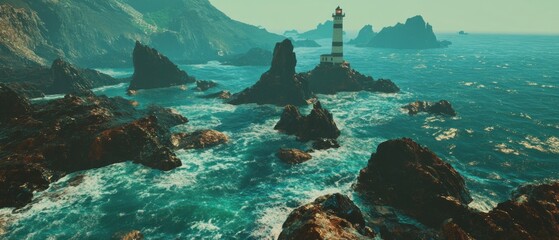 Aufkleber - Lighthouse stands tall on rocky coast with crashing waves under a hazy sky