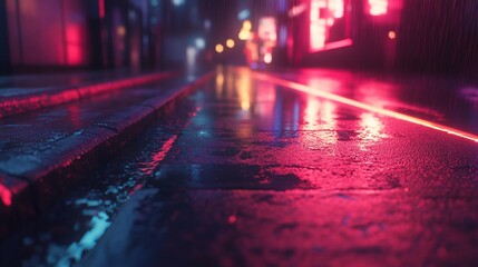 Wall Mural - Wet city street at night with neon lights reflecting in puddles.