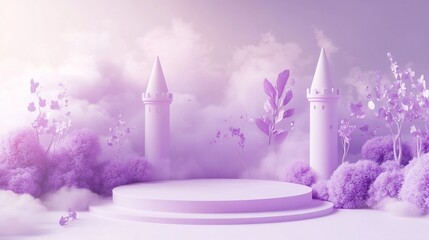 Wall Mural - pastel purple fantasy scene with podium, towers, and foliage in clouds.