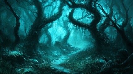 Sticker - Eerie blue forest path at night, mysterious, dark, twisted trees, fog.