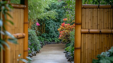 Poster - Serene garden path framed by bamboo gate.