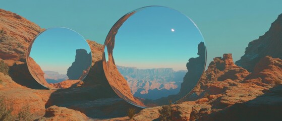 Aufkleber - Magic mirrors reflecting stunning landscapes in an otherworldly setting at dusk