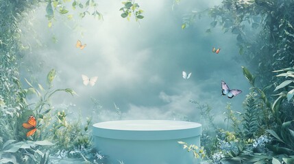 Wall Mural - mystical forest scene with a round pedestal and butterflies.
