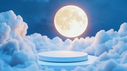 Wall Mural - a white platform sits atop fluffy clouds under a large, luminous moon in a night sky.