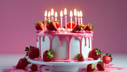 Pink birthday cake dripping icing straw-ber image