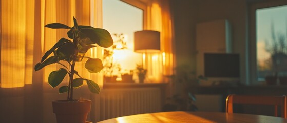 Poster - Warm sunlight illuminating a matte surface near a potted plant during evening hours