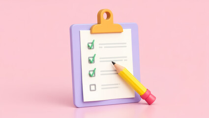 Poster - pastel-colored 3d rendering of a checklist on a clipboard and pencil