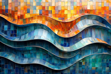 Poster - Colorful ceramic waves mural, city building, sunset