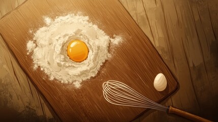 Poster - Top down view of a wooden board with flour and a cracked egg, perfect for baking preparation in a cozy kitchen setting. Generative AI