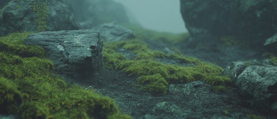 Poster - Moss thrives on rocks with soft texture and vibrant green hues in a serene environment