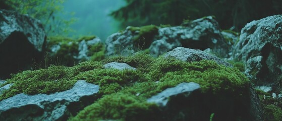 Aufkleber - Moss thriving on rocks in a serene natural setting with soft green hues and textures