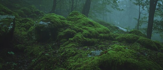 Poster - Moss thriving on rocky surface in a lush forest setting with soft textures and vibrant colors