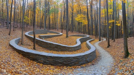 Poster - Serpentine stone wall path winding through autumnal forest.