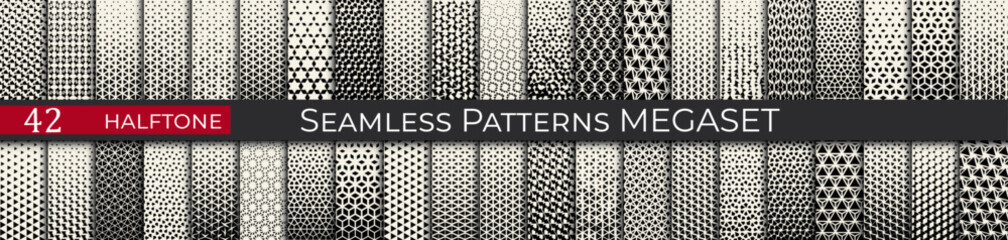 this seamless halftone pattern set includes 42 geometric black-and-white designs, ideal for modern a