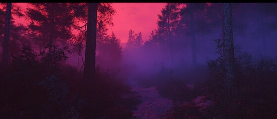 Aufkleber - Mystical fog envelops a serene forest at twilight creating an ethereal atmosphere