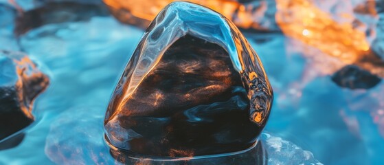 Poster - Captivating view of smooth obsidian glass reflecting light in tranquil water setting