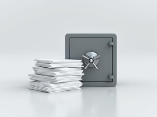 Poster - stack of white papers sits next to a gray metal safe symbolizing secure document storage