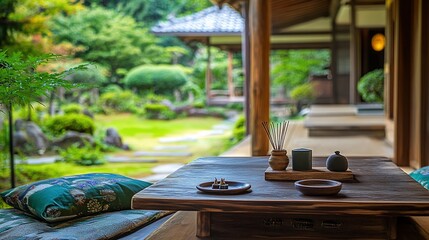 Wall Mural - Serene Japanese garden view from wooden veranda with incense and cushions.