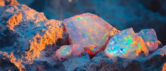 Poster - Vibrant opal crystals showcasing play-of-color on textured rocks illuminated by sunlight