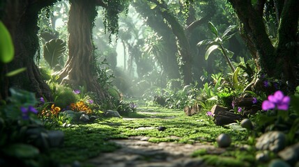 Poster - Lush, vibrant jungle path; sunlight filters through dense foliage, mossy stones line the way.