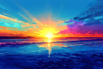 colorful beach sunrise with a deep blue sky and radiant sun rays reflecting on the water