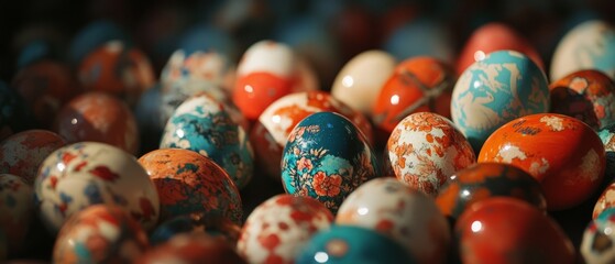 Poster - Colorful collection of intricately painted eggs displayed together in vibrant patterns and hues
