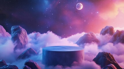 Wall Mural - futuristic platform in surreal cloudscape with mountains and nebula.