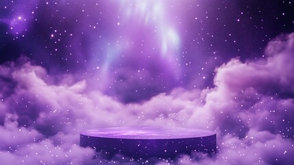 Wall Mural - purple cosmic platform on clouds with light beams.