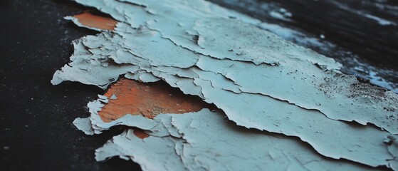 Peeling paint reveals layers of urban decay on cracked brick wall in vibrant hues