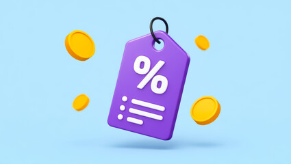 Poster - purple discount tag with golden coins and percentage symbol