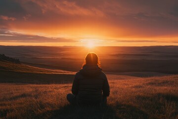 Aufkleber - Traveler admires breathtaking sunset over vast landscape while reflecting on natures beauty and tranquility. Generative AI