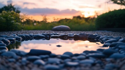 Poster - Sunset reflected in a small, shallow pool of water surrounded by dark grey stones.