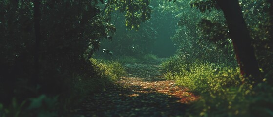 Poster - Serene forest path with dappled sunlight creating a peaceful atmosphere for a nature walk