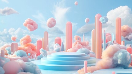 Wall Mural - pastel-colored podium in a dreamy, surreal landscape with floating clouds and geometric shapes.