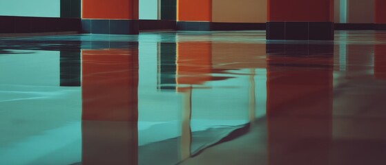 Aufkleber - Reflections on glossy floors create a vibrant interplay of colors in a modern space