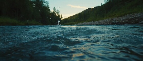 Poster - Fast flowing river with swirling eddies and vibrant natural surroundings at sunset