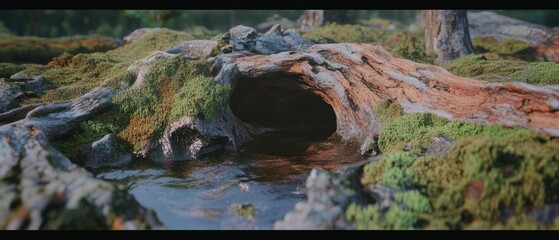 Aufkleber - Rough bark and moss create a textured landscape around a small water pool in a forest