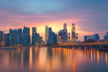 Leinwandbilder - Urban skyline with bridges and iconic towers during a vibrant sunset in a bustling cityscape. Generative AI