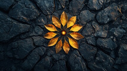 Poster - Natural arrangement of golden leaves on dark cracked surface high-resolution textures artistic concept close-up view