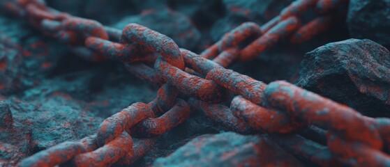 Poster - Exploring the beauty of rusty chains and corrosion on heavy links among rocky surfaces