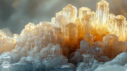Wall Mural - A close-up view of shimmering natural crystals forming a stunning landscape, showcasing their intricate structures and radiant light reflections.