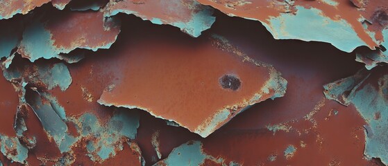 Poster - Rusty metal sheets reveal intricate layers of flaking red and blue corrosion in industrial setting