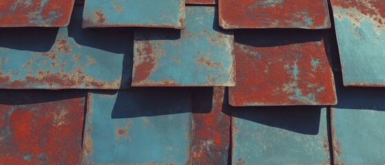 Poster - Rusty metal sheets with flaking paint showcase textures of industrial decay and weathering in direct sunlight
