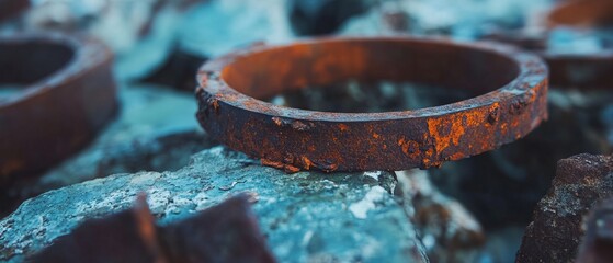 Poster - Rusty metal ring resting on a pile of decayed industrial debris showing vibrant flaking texture