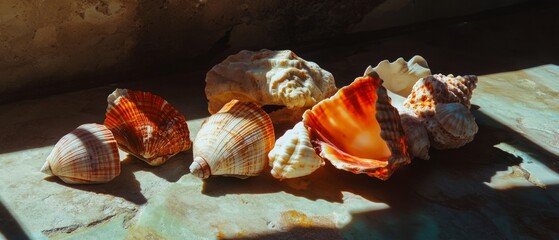 Poster - Colorful and textured seashells arranged on a rustic surface in natural light