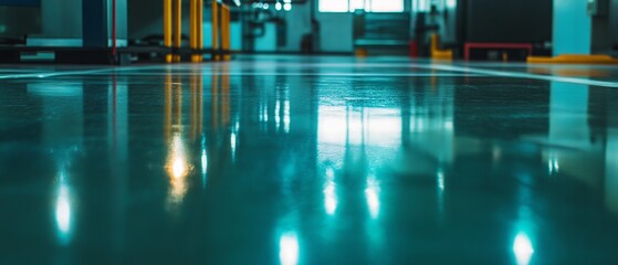 Poster - Shiny polished metal surface reflecting bright lights in an industrial space