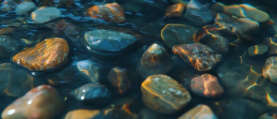 Poster - Smooth, rounded pebbles glisten in tranquil water, showcasing nature's artistry and beauty