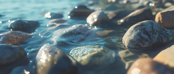Poster - Smooth pebbles with rounded shapes and polished surfaces glistening by the water's edge